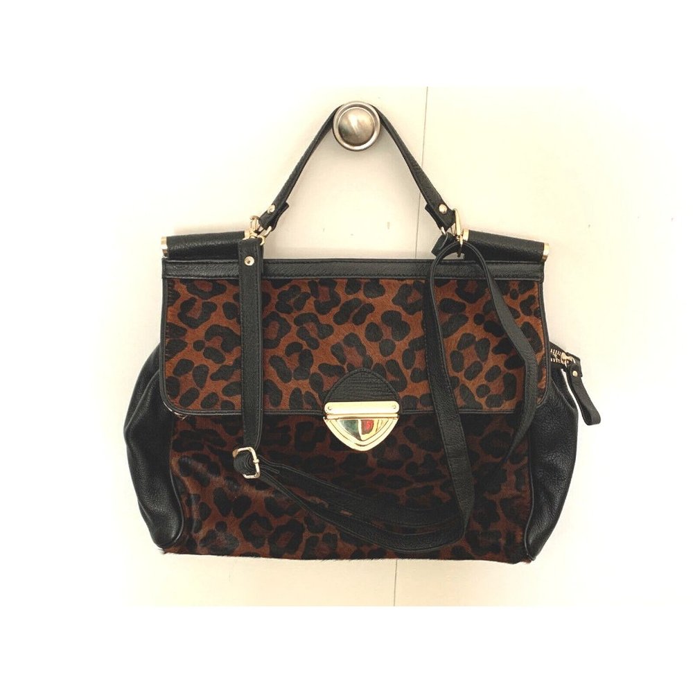 Aqua Madonna Satchel Handbag Caramel Leopard Print Brass Black Real Soft Leather